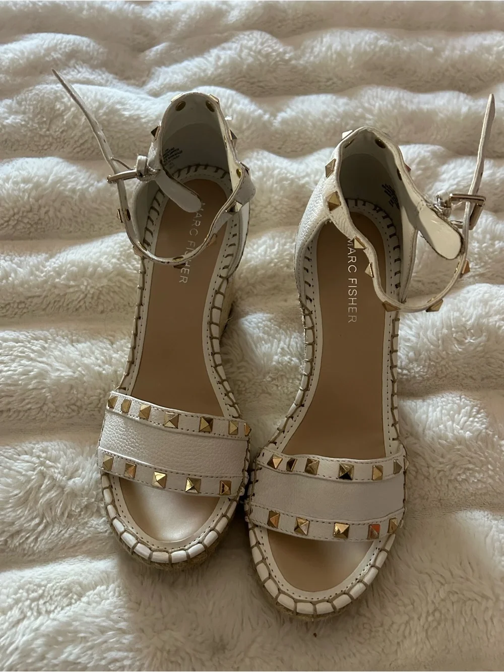 Marc Fisher White Studded Espadrille Wedge Sandals
